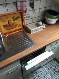 勒讷Apartment Am Sudbach的厨房柜台设有水槽和晾衣架