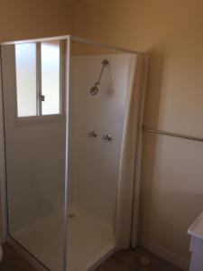 Maclagan蓝杰穆尔旅馆的浴室里设有玻璃门淋浴