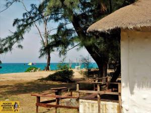 迈考海滩Micky Monkey Beach Hotel Phuket Maikhao Thailand的海滩上的小屋,有树和海洋