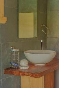 PumillahueVertientes De Pumillahue, Chiloe的木台上带碗水槽的浴室