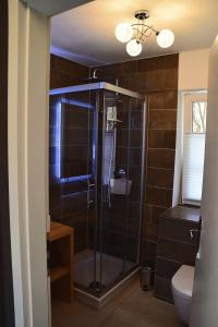 青斯特chalet Zingst的浴室设有玻璃淋浴间和卫生间