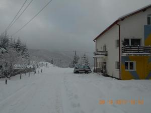 卡夫尼克Cabana Filip的停在大楼旁一条雪覆盖的街道上的汽车