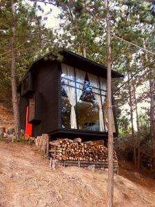 CuítivaLa Quinta Glamping - Lago de Tota的树林里的一个小屋,有一堆木头