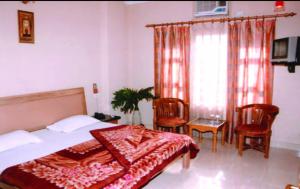 哈里瓦国王酒店的一间卧室配有床、椅子和窗户