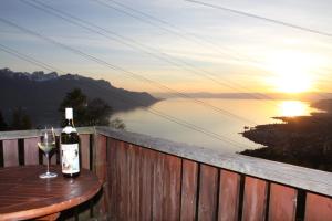 蒙特勒盖斯阿尔宾斯度假屋的一张桌子上坐着一瓶葡萄酒和一杯