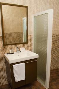 帕拉马里博舍瓦酒店的浴室配有盥洗盆和带镜子的淋浴