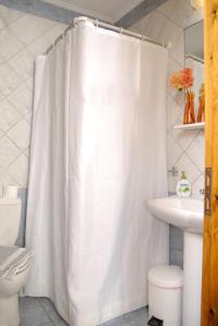特尔斐Xenonas Chrisso的浴室设有白色的淋浴帘和水槽