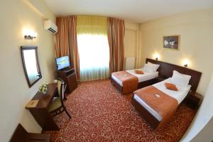 普洛耶什蒂中央酒店的酒店客房,设有两张床和镜子