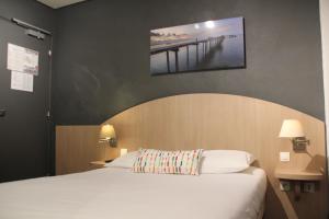图卢兹帕潘沃尔德努伊酒店的卧室配有一张床,墙上挂有绘画作品