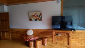 礁溪四季园的客厅配有木架上的电视