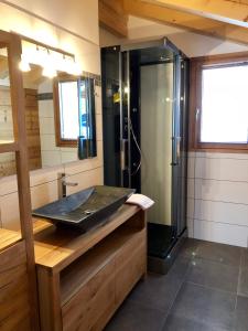 萨莫安斯Chalet Luxe Les Mélèzes的带淋浴和盥洗盆的浴室