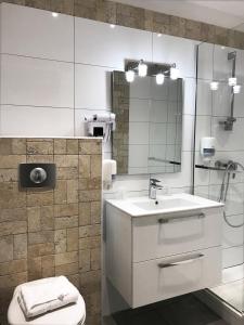 巴斯蒂亚里维埃拉酒店的一间带水槽、卫生间和镜子的浴室