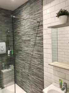 都柏林City Centre Georgian Apartment的一间带玻璃淋浴间和水槽的浴室