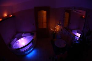 Troskovice瑞卡尔旅馆的带浴缸、水槽和镜子的浴室