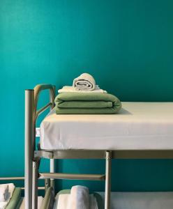 巴黎普拉格蒙马特嘻哈旅舍的堆毛巾,放在医院的床上