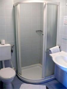 新戈里察盖尔尼布科维卡旅馆的带淋浴、卫生间和盥洗盆的浴室