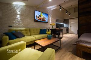 托伦Apartamenty Szewska 25的客厅配有沙发和砖墙电视