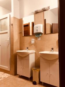 布加勒斯特Monte Carlo Palace Rooms的浴室设有两个水槽,墙上装有饮水机