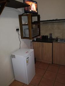 比勒陀利亚MulMas Guest House的带冰箱的厨房和墙上的电视