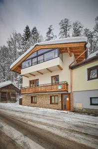 萨尔巴赫Holiday Lodge Central的雪中房屋 - 带阳台