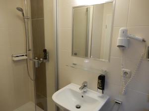 诺德代希艾姆哈丰酒店的浴室配有盥洗盆和带镜子的淋浴