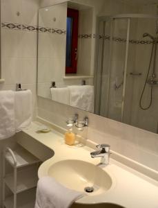 埃赫施塔特福克斯加尼酒店的一间带水槽、镜子和淋浴的浴室