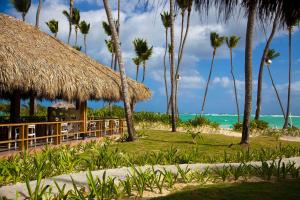 蓬塔卡纳格兰巴拉典恩蓬塔卡纳Spa度假酒店 - 全包的海滩上的餐厅,种有棕榈树,享有海景