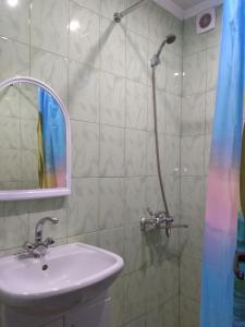 派蒂哥斯卡Дом с уютными гостевыми комнатами的带淋浴、水槽和镜子的浴室