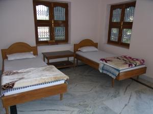 菩提伽耶Momotaro House的带2扇窗户的客房内的2张床