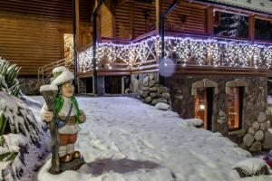 米库利钦Karpatska Villa的雪覆盖着圣诞灯的房子