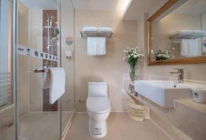 深圳格林豪泰深圳东门商务酒店的浴室配有卫生间、盥洗盆和淋浴。