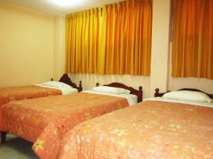 查查波亚斯Hostal Vista Hermosa的配有橙色窗帘的酒店客房的两张床