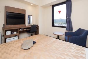 伊势市Sanco Inn Iseshi-Ekimae Shikinoyu的配有一张床和一台平面电视的酒店客房