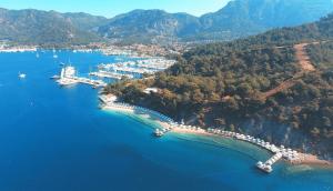 戈西克D Resort Gocek Special Category的海港的空中景色,水中有船只