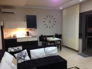 巴拉顿菲赖德LUX Apartman的客厅配有沙发和墙上的时钟