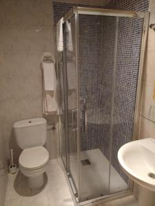 阿雷纳斯德圣佩德罗大道旅馆的带淋浴、卫生间和盥洗盆的浴室
