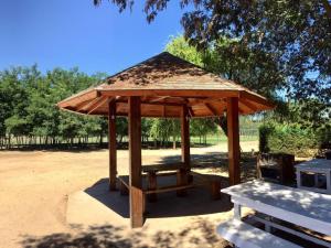 帕拉尔Quinta el Rosal的木制凉亭,配有野餐桌和长凳