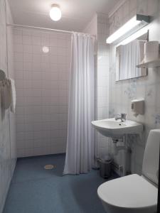特拉诺斯Hotel Åberg Centralhotellet的一间带水槽和淋浴帘的浴室