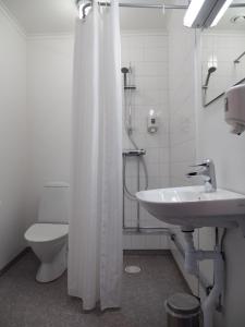 特拉诺斯Hotel Åberg Centralhotellet的一间带卫生间和淋浴帘的浴室