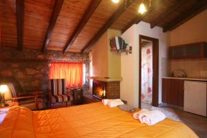 帕雷斯阿吉萨那Eleni's Guesthouse的一间卧室设有一张橙色大床和一个壁炉