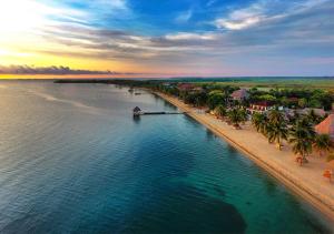 霍普金斯The Lodge at Jaguar Reef的享有棕榈树海滩和大海的空中景致