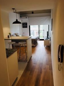贝伦埃斯科巴Studio的一间带厨房的房间和一间带柜台的客厅