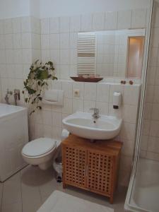 爱尔福特Ferienwohnung in der Altstadt von Erfurt的白色的浴室设有水槽和卫生间。