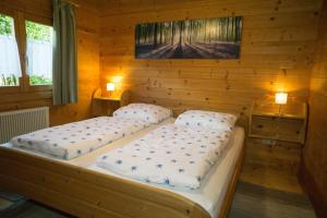 StamsriedBlockhaus Bayerischer Wald的小木屋内一间卧室,配有两张床