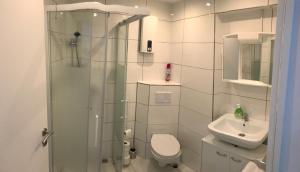 埃森Adel的带淋浴、卫生间和盥洗盆的浴室
