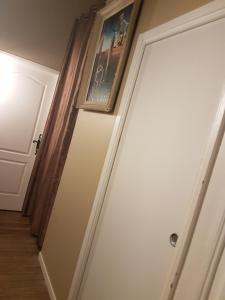 埃皮纳勒Appartement Mayolles的走廊的门,墙上挂着照片