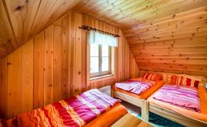 多尔尼莫拉瓦Chalupa Pod lomem - Malá的小木屋内的两张床,设有窗户