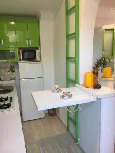 德罗霍贝奇Apartment Bombonyerka的厨房配有绿色橱柜和白色台面