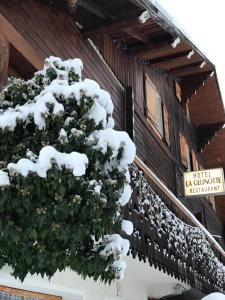 莱孔塔米讷蒙茹瓦盖里纳特酒店的建筑物一侧被雪覆盖的树