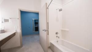 德里平斯普林斯Holiday Inn Express & Suites - Dripping Springs - Austin Area, an IHG Hotel的带淋浴、盥洗盆和浴缸的浴室